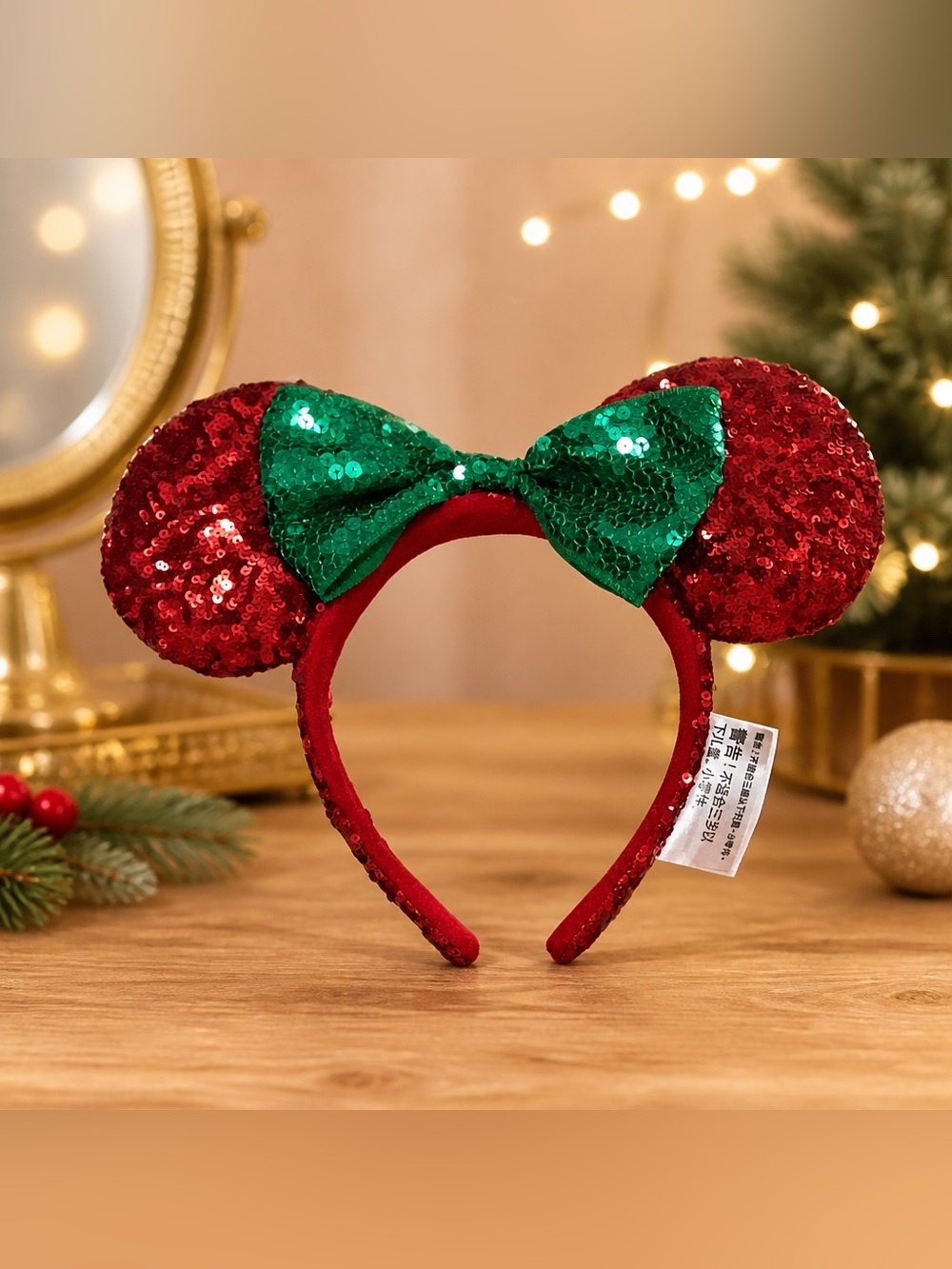 Original Disney Parks Christmas Red w Green Bow Minnie Mouse Ears.